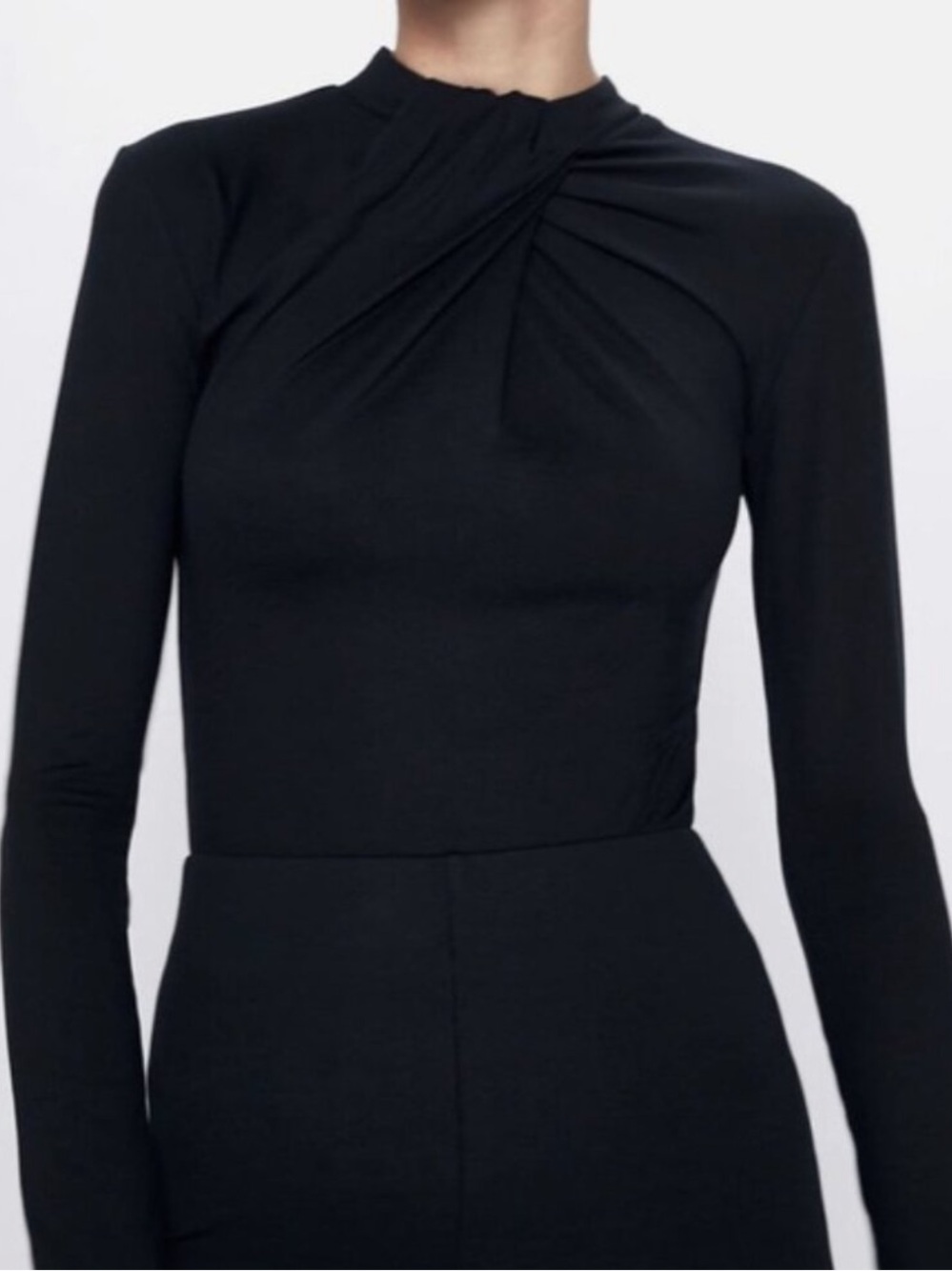 Zara Black Long-Sleeve Draped Bodysuit Medium